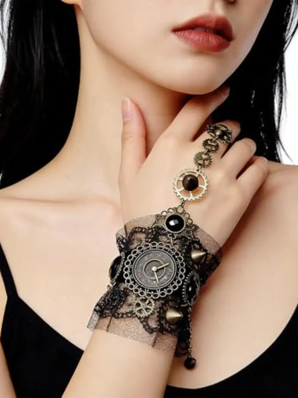 Steampunk Fingerless Lace Gloves with Clock Dial and Rings Gothic Bridal
